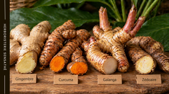 Rhizomes aromatiques de gingembre curcuma et galanga caractéristiques des Zingibéracées - Herboristerie Sensathé Rhizomes aromatiques de gingembre curcuma et galanga caractéristiques des Zingibéracées - Herboristerie Sensathé